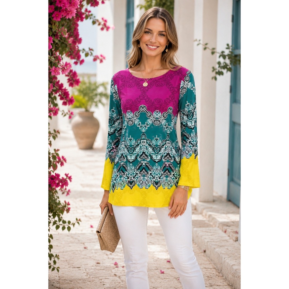 Sunny Leigh Women's Blouse Tunic LS Pink Green Yellow Stretch Small‎ Colorful